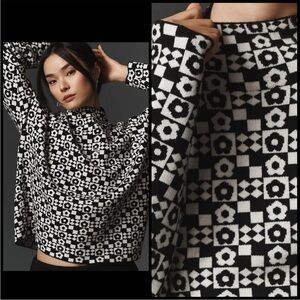 Anthropologie Maeve Carys Mock Neck Sweater Black White Geometric Floral Medium